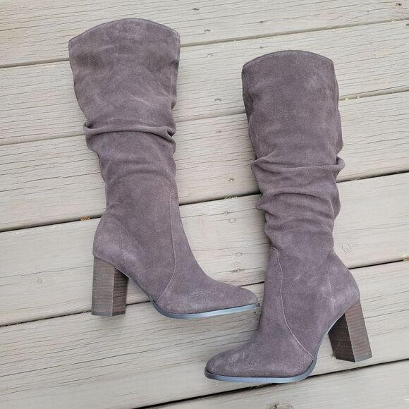 Splendid Chocolate Brown Suede Leather Square Toe Chunky Heel Slouchy Tall Boots - Picture 2 of 8